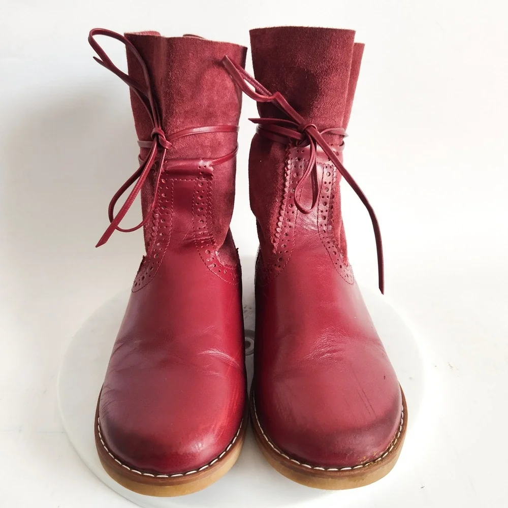 Elephantito Boots Girls‎ Size 12 Mid-Calf Brogue LeatherNubuck Red Bow Detail